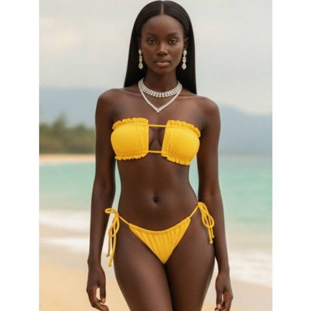 🔸️NIB Yellow Ruched Bandeau String Bikini Swimsuit Medium